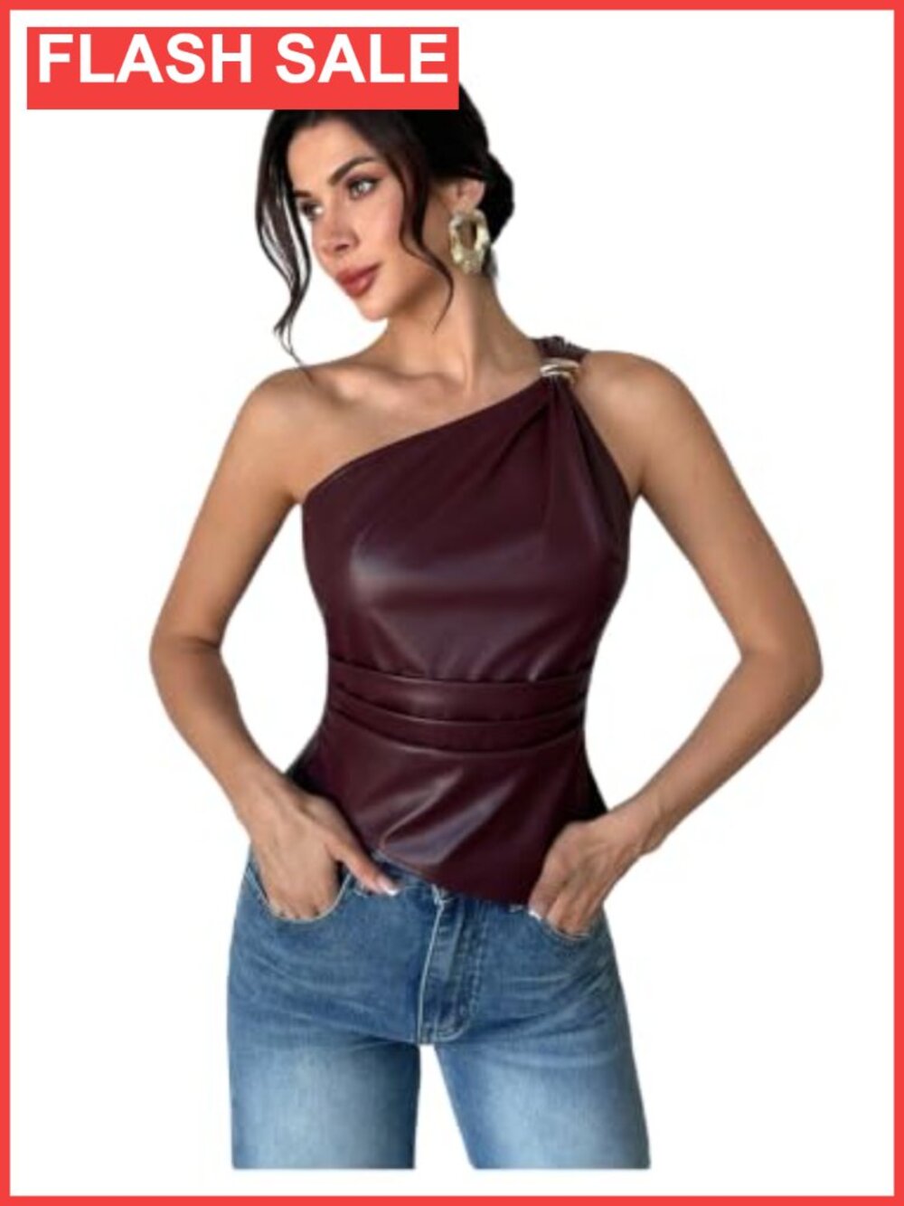 Faux Leather One Shoulder Ruched Asymmetrical Tank Top Sleeveless Party Club
